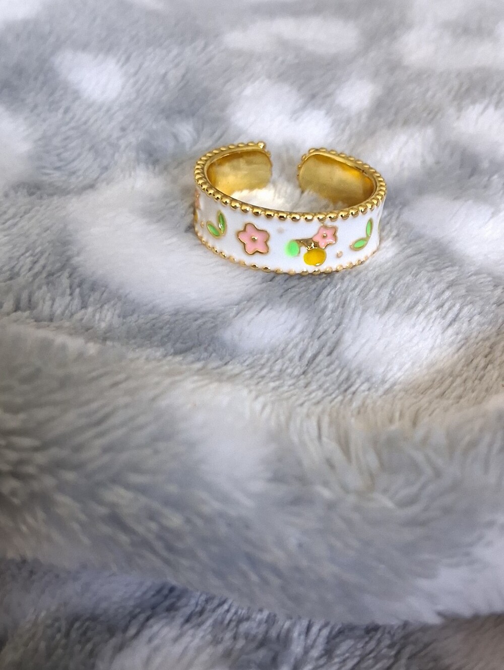 White Floral Enamel Adjustable Gold Band Ring